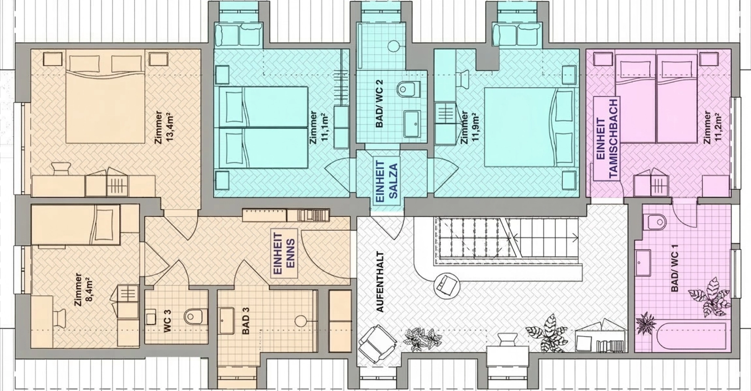 Das HideOut - Grundriss OG Der Grundriss des Gesäuse HideOut. Zu sehen sind die 3 Einheiten und deren Aufteilung.