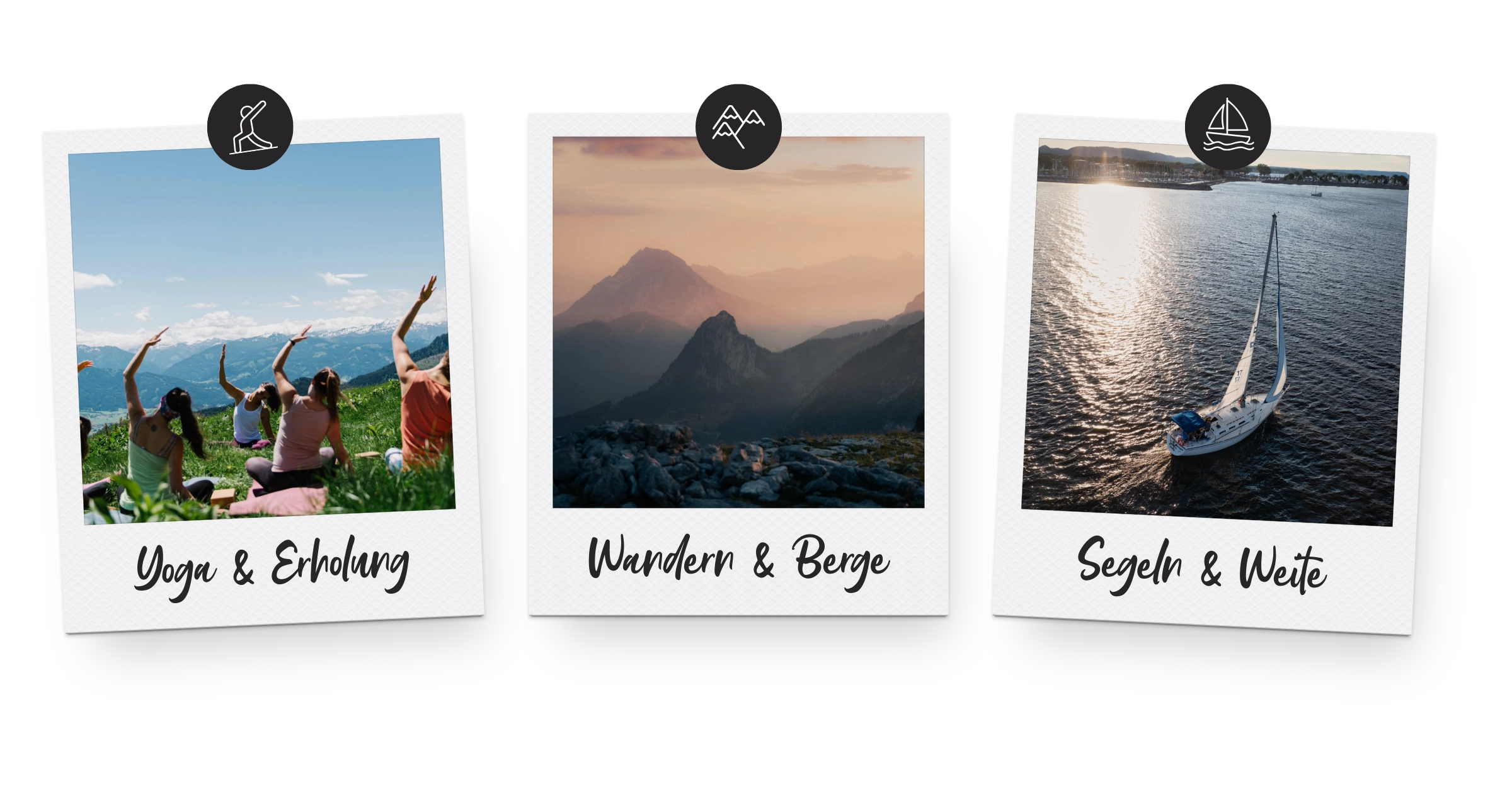 Eine Darstellung von Annas Hobbys - Yoga, Wandern und Segeln.